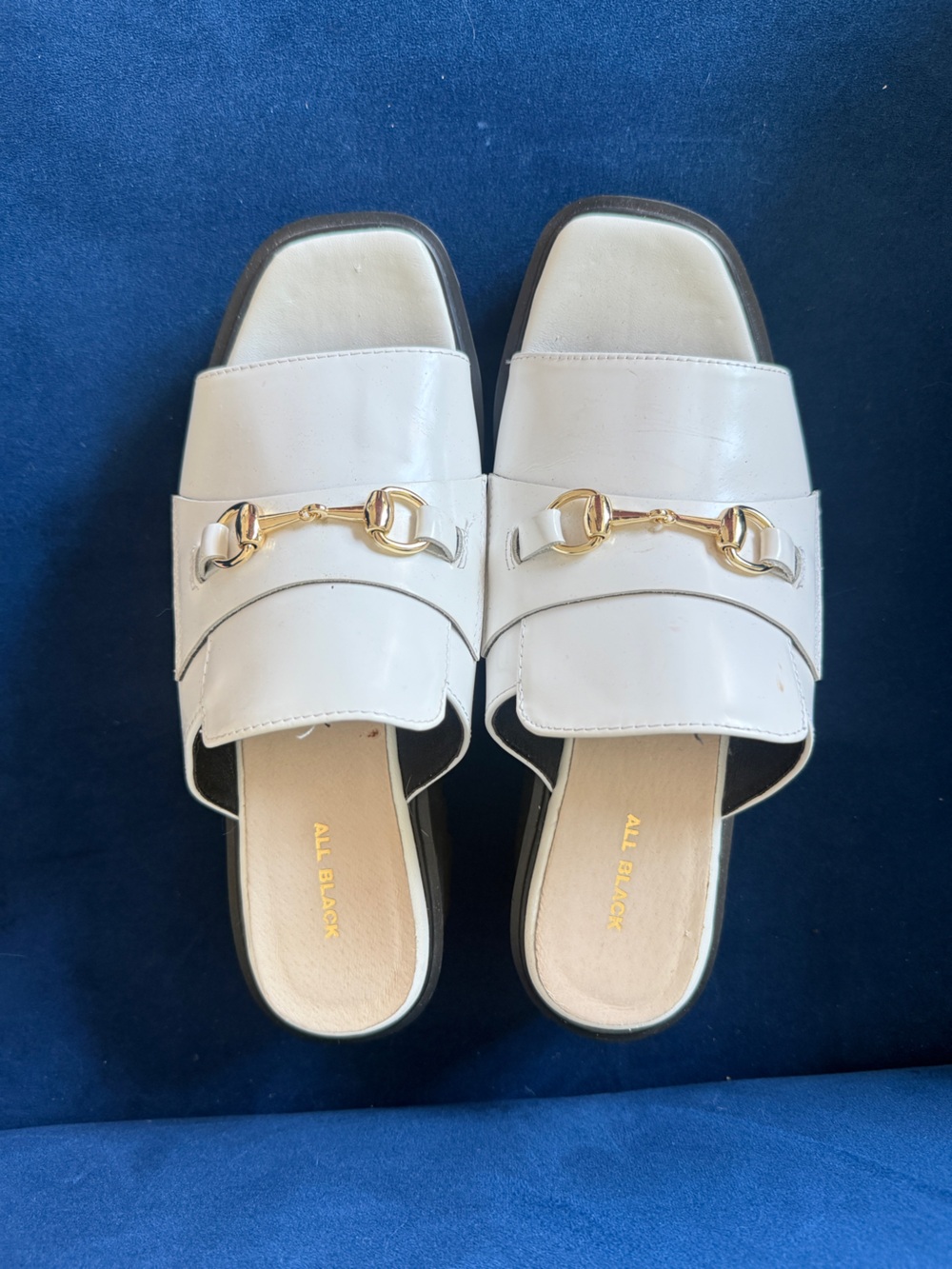 ALL BLACK White Leather Slip-On Platform Mules with Gold Bit